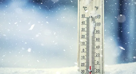 alt A thermometer shows the temperature is cold, 0 degrees F and -20 degrees C.